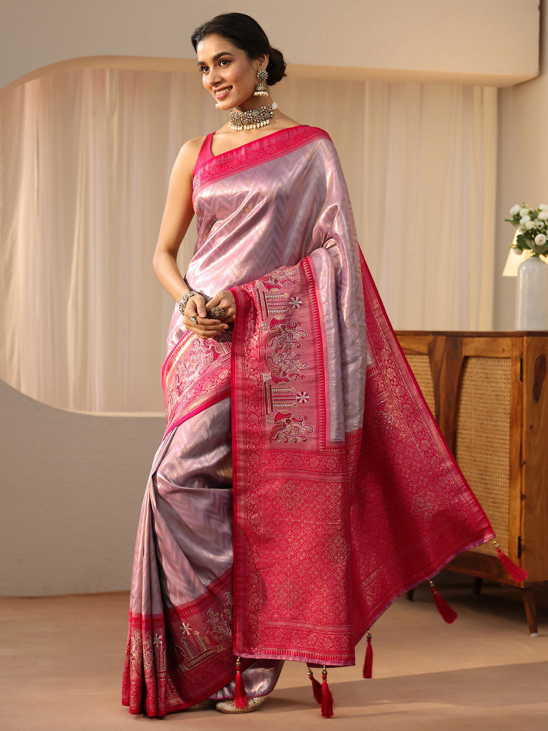  Lavender Silk Blend Saree with Woven Border 