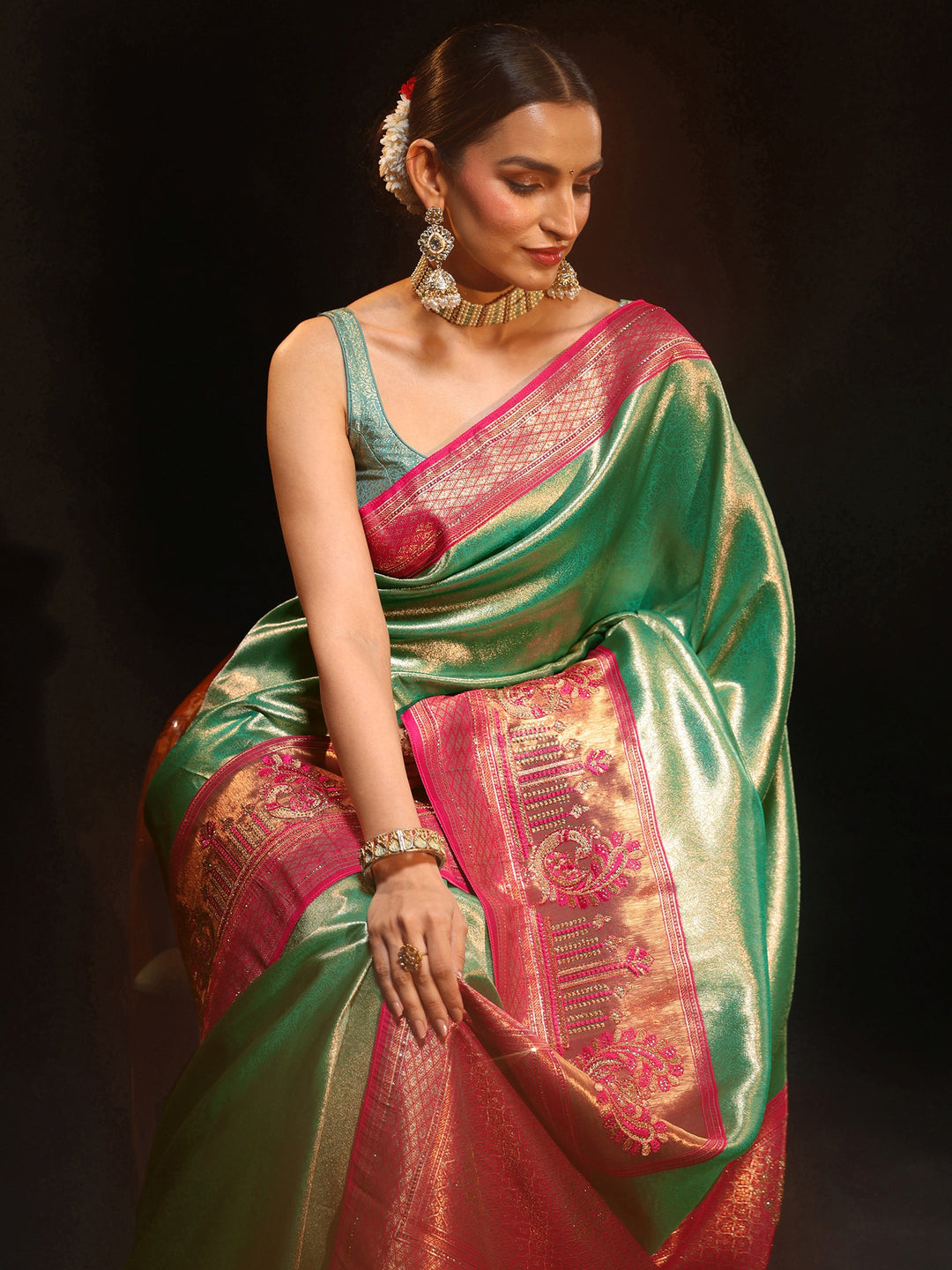 Libas Sea Green Woven Design Silk Blend Saree 