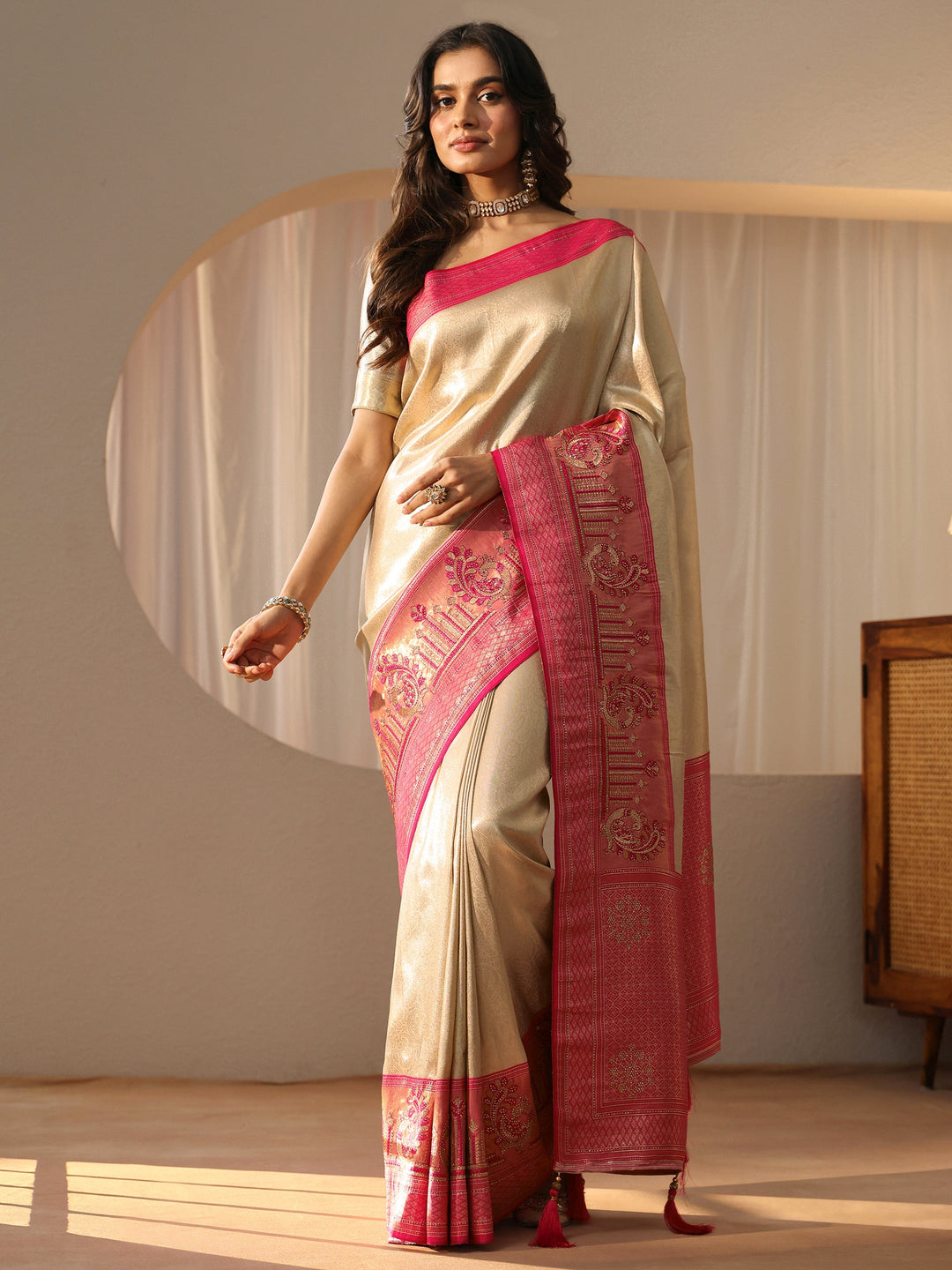  Gold Silk Blend Saree with Woven Border 