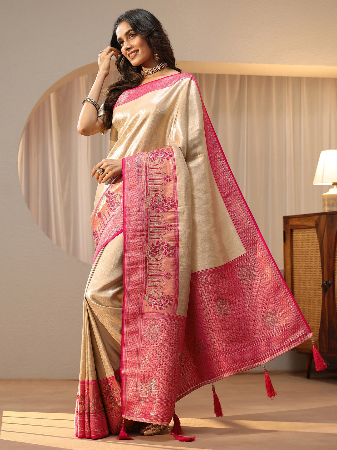  Gold Silk Blend Saree with Woven Border 