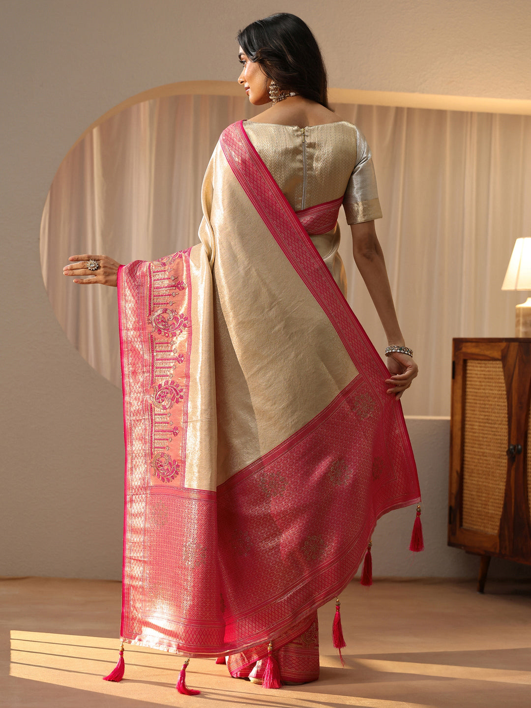  Gold Silk Blend Saree with Woven Border 