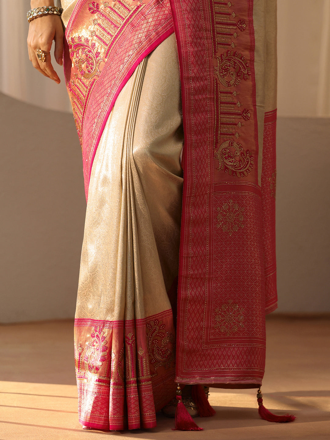  Gold Silk Blend Saree with Woven Border 