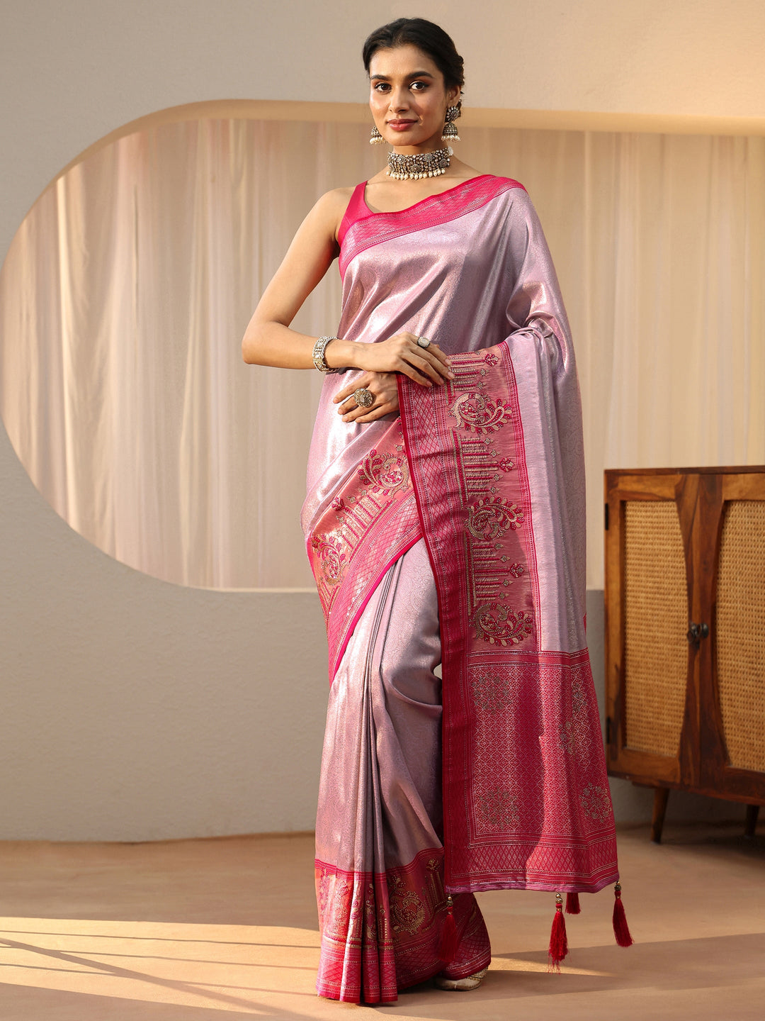  Lavender Silk Blend Saree with Woven Border 