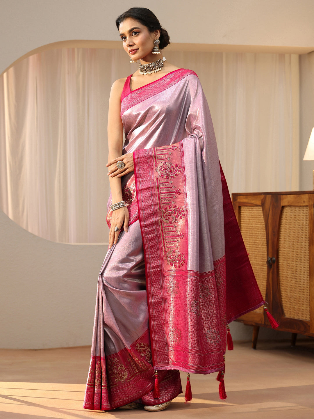  Lavender Silk Blend Saree with Woven Border 