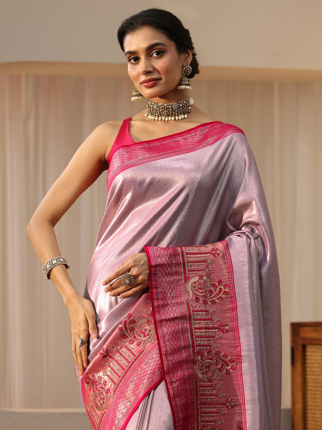  Lavender Silk Blend Saree with Woven Border 