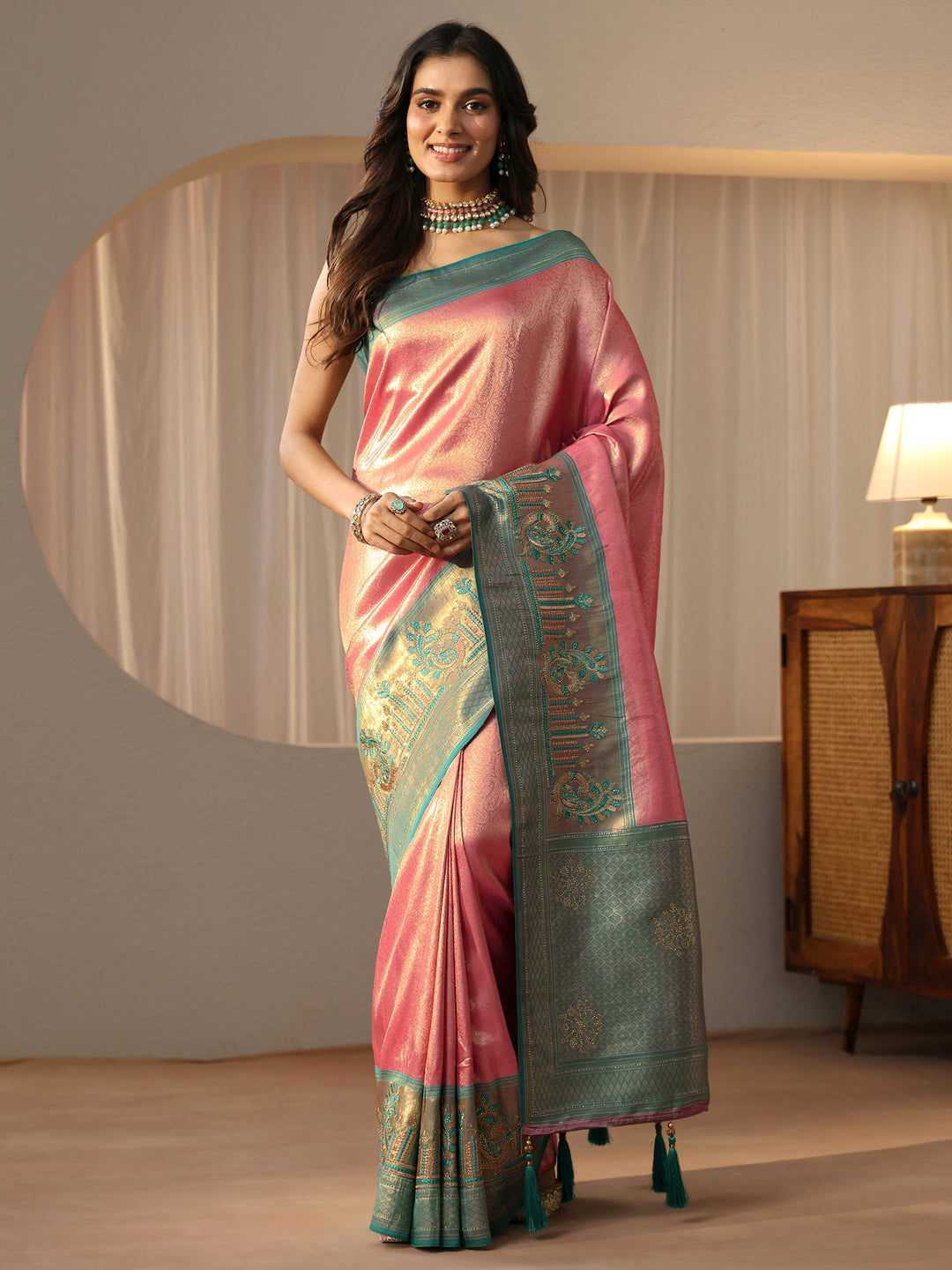  Peach Silk Blend Saree with Woven Border 