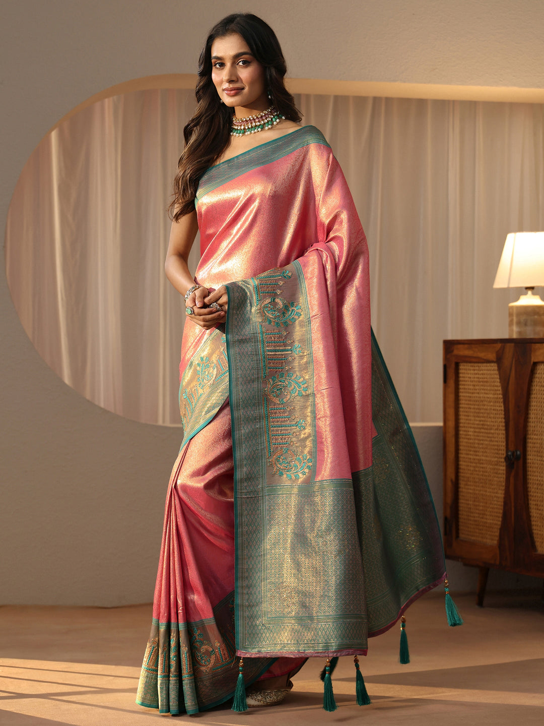 Peach Silk Blend Saree with Woven Border 