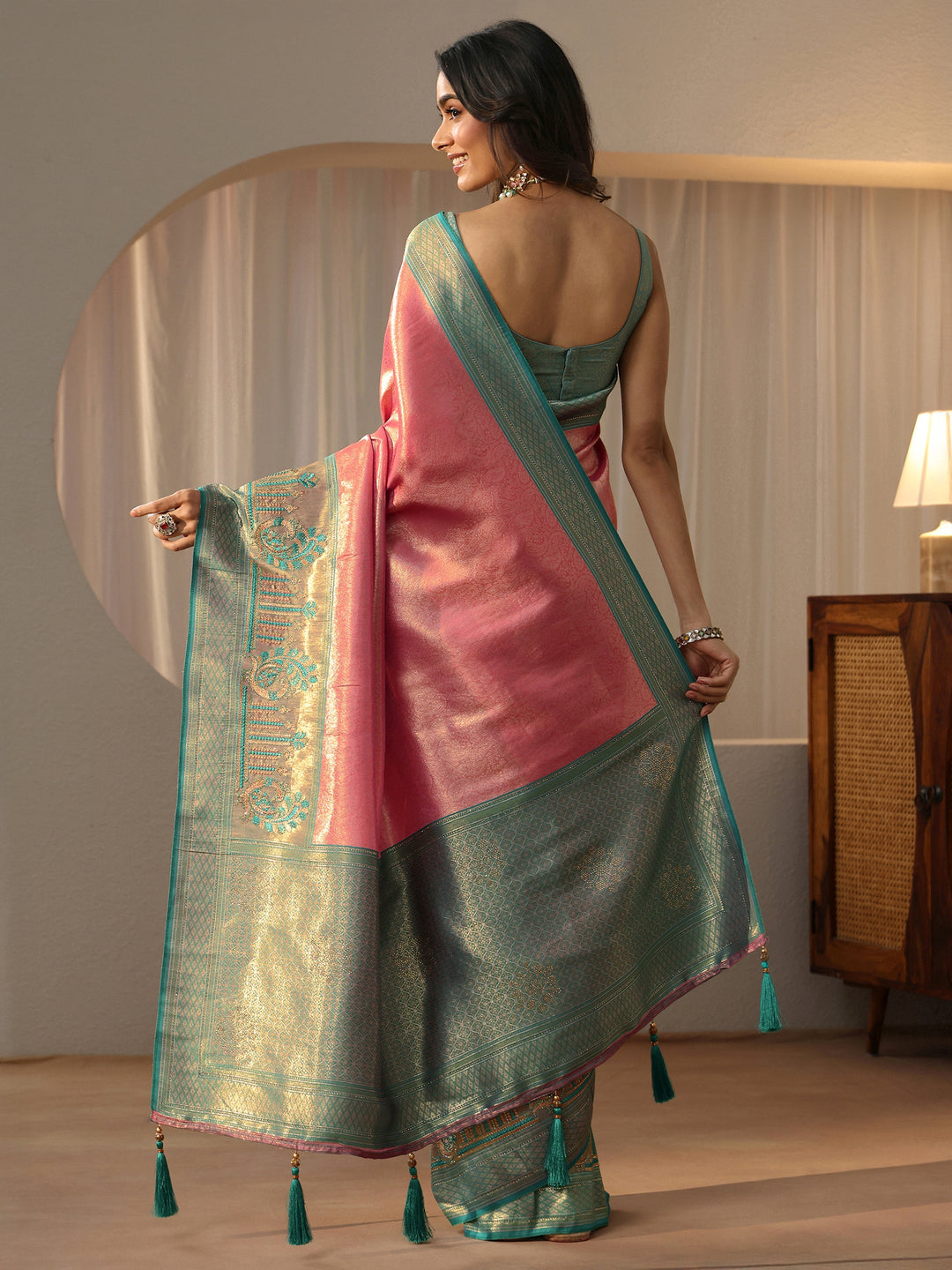  Peach Silk Blend Saree with Woven Border 