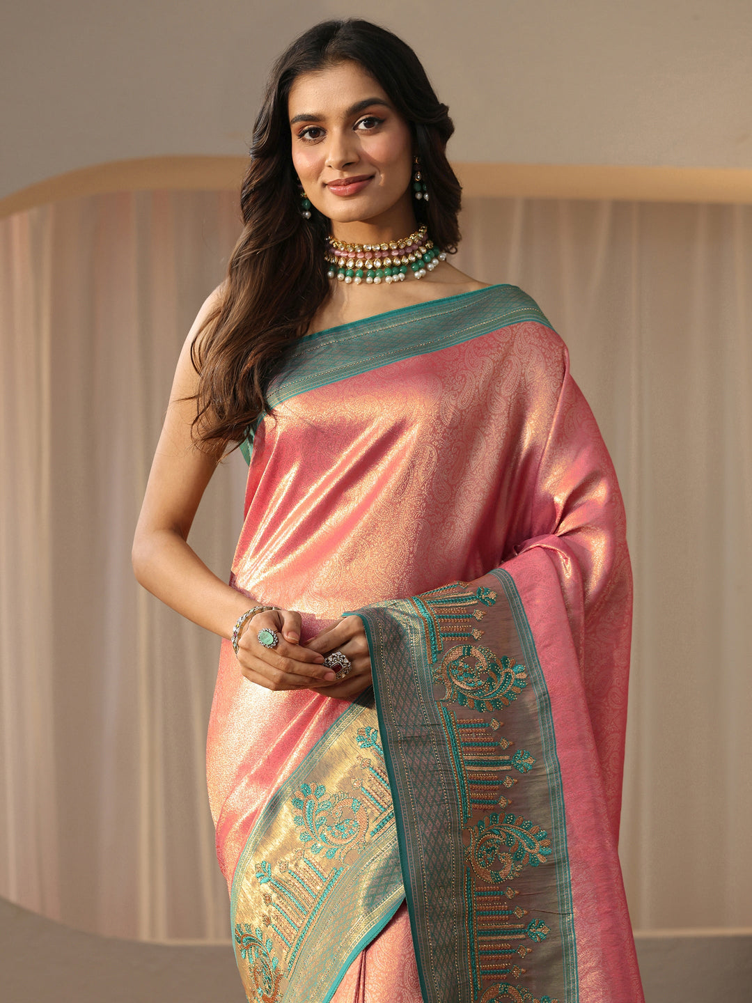 Peach Silk Blend Saree with Woven Border 