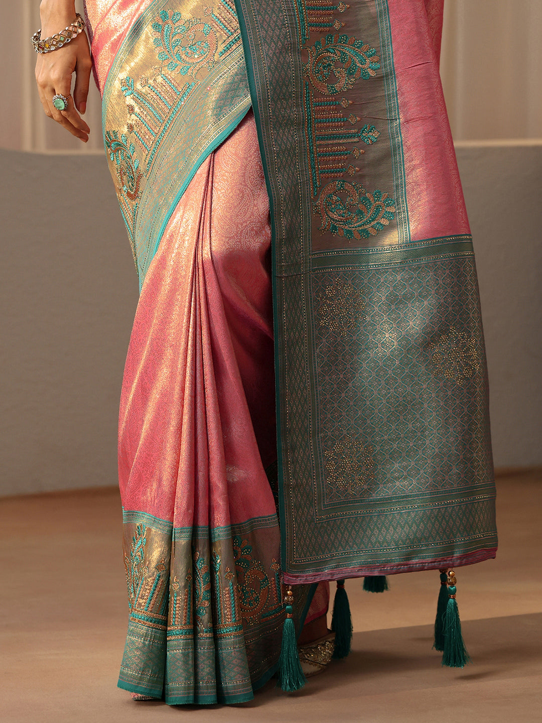  Peach Silk Blend Saree with Woven Border 