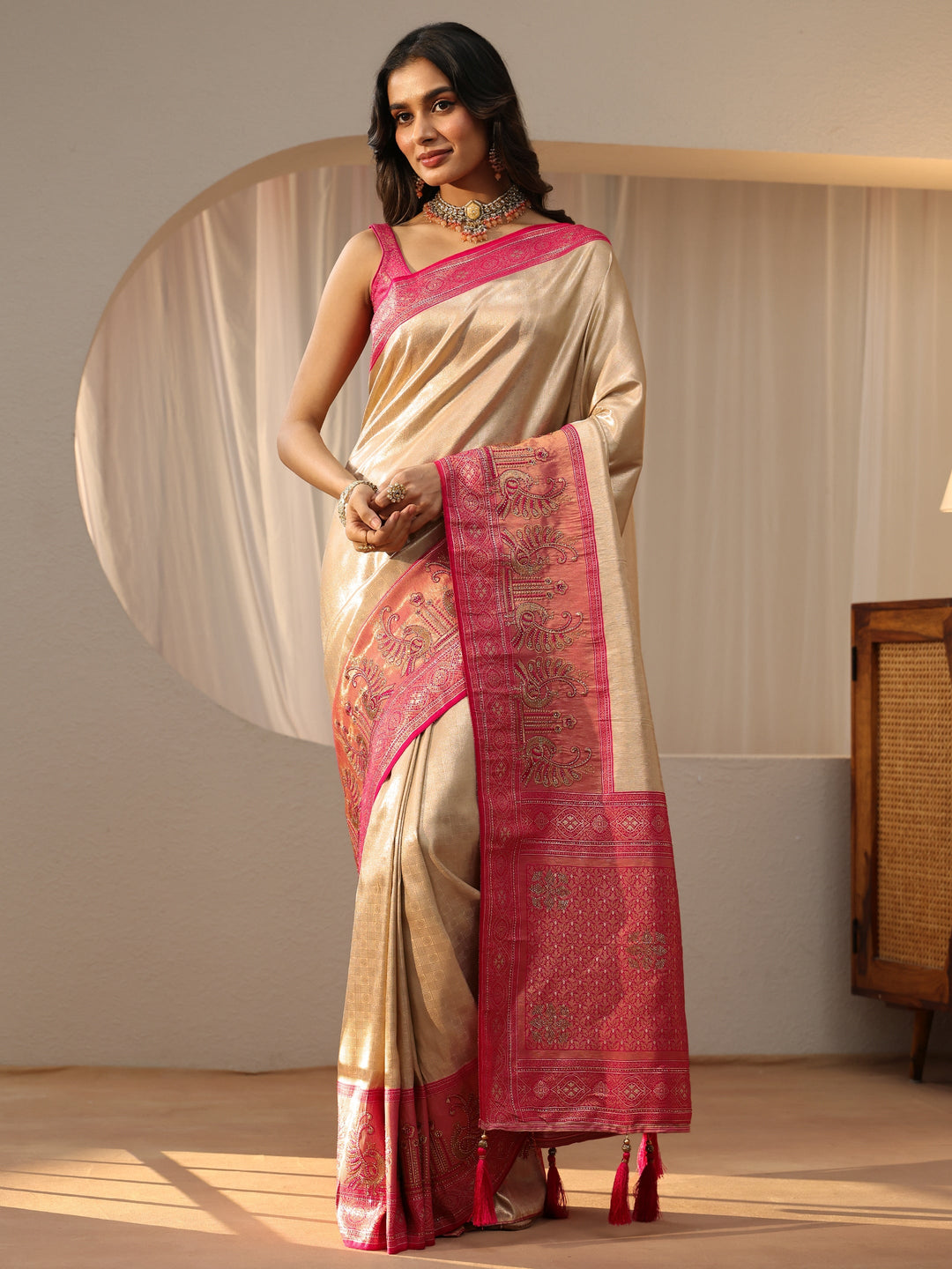  Gold Silk Blend Saree with Woven Border 