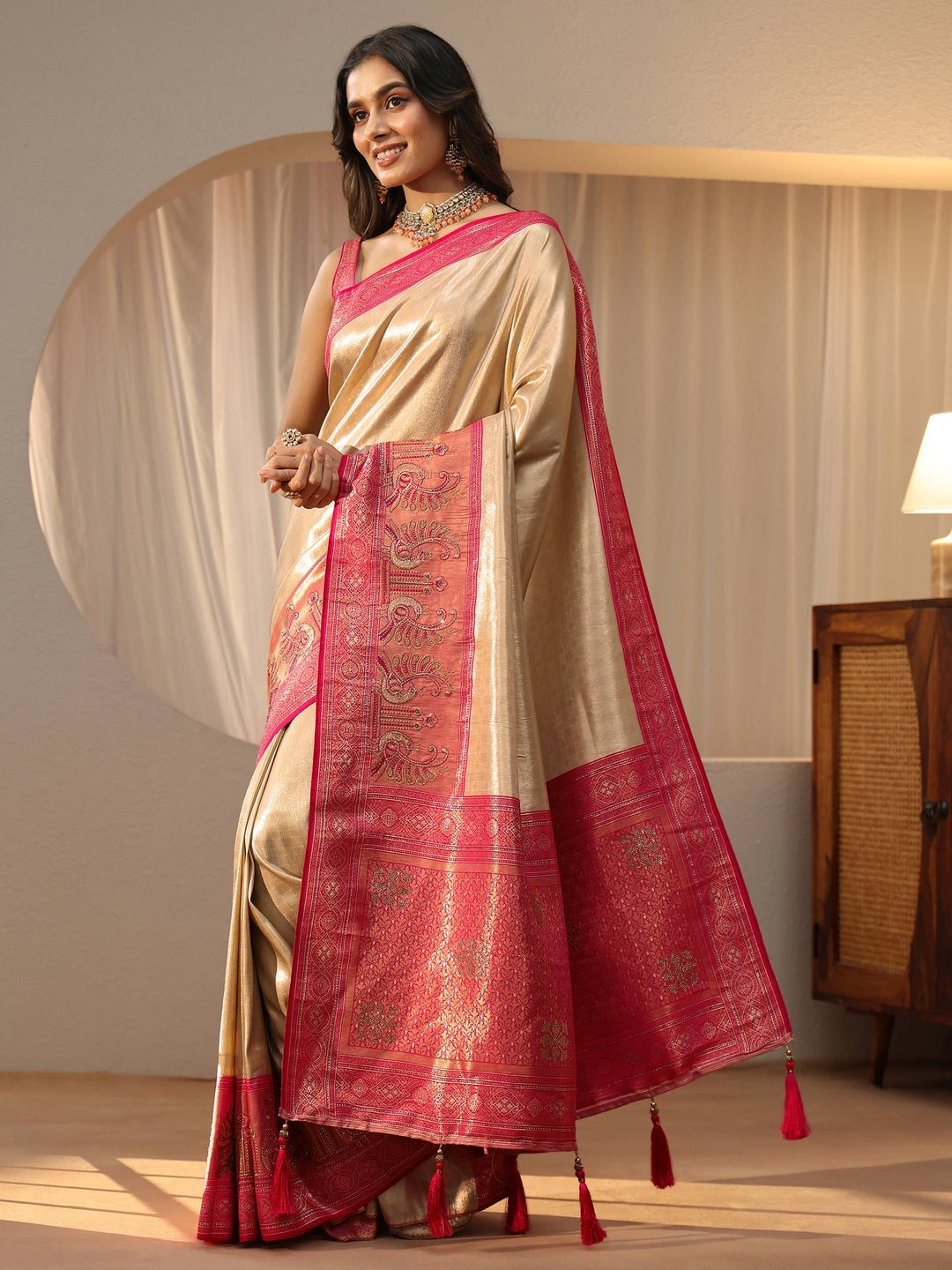  Gold Silk Blend Saree with Woven Border 