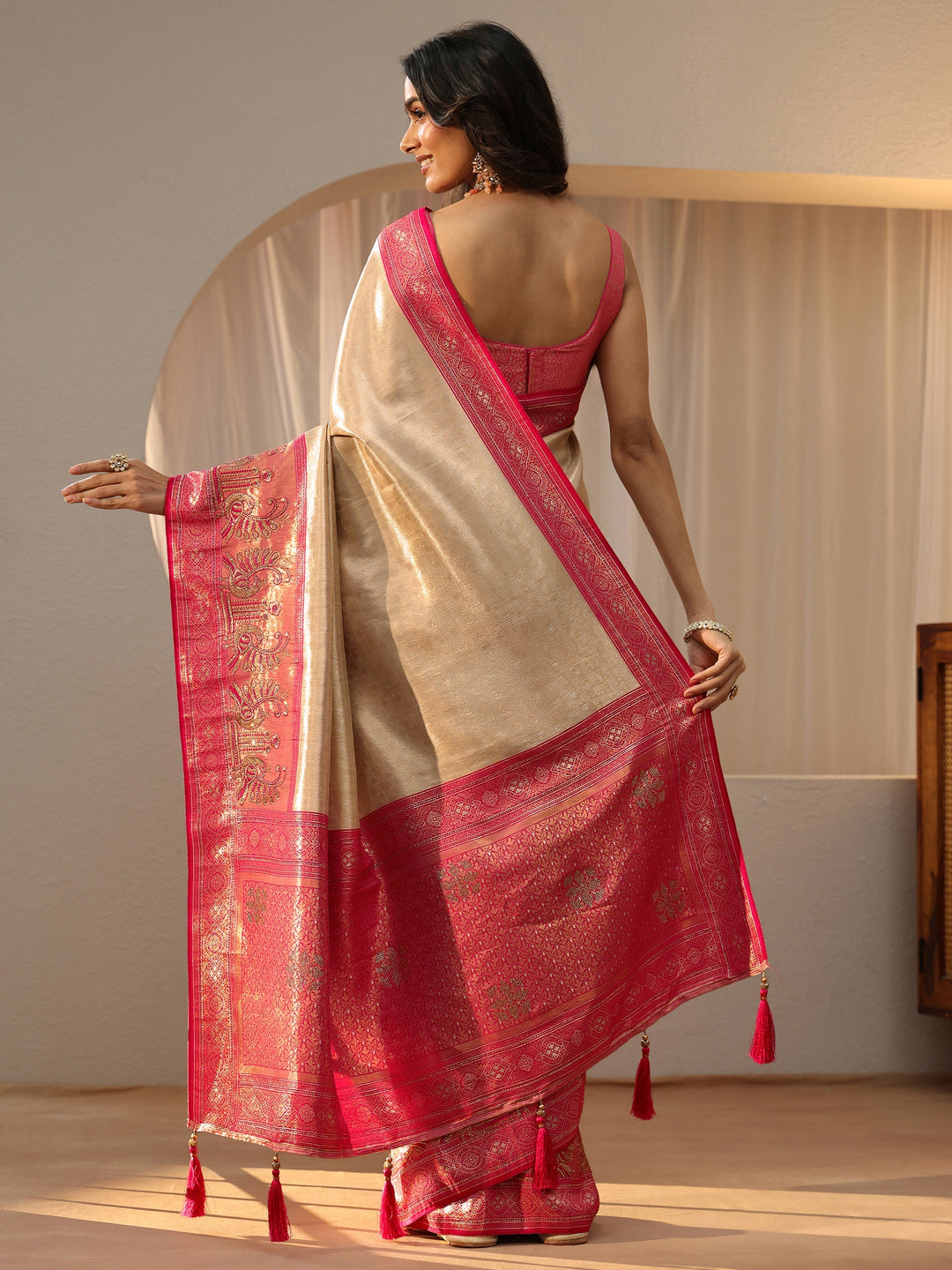  Gold Silk Blend Saree with Woven Border 