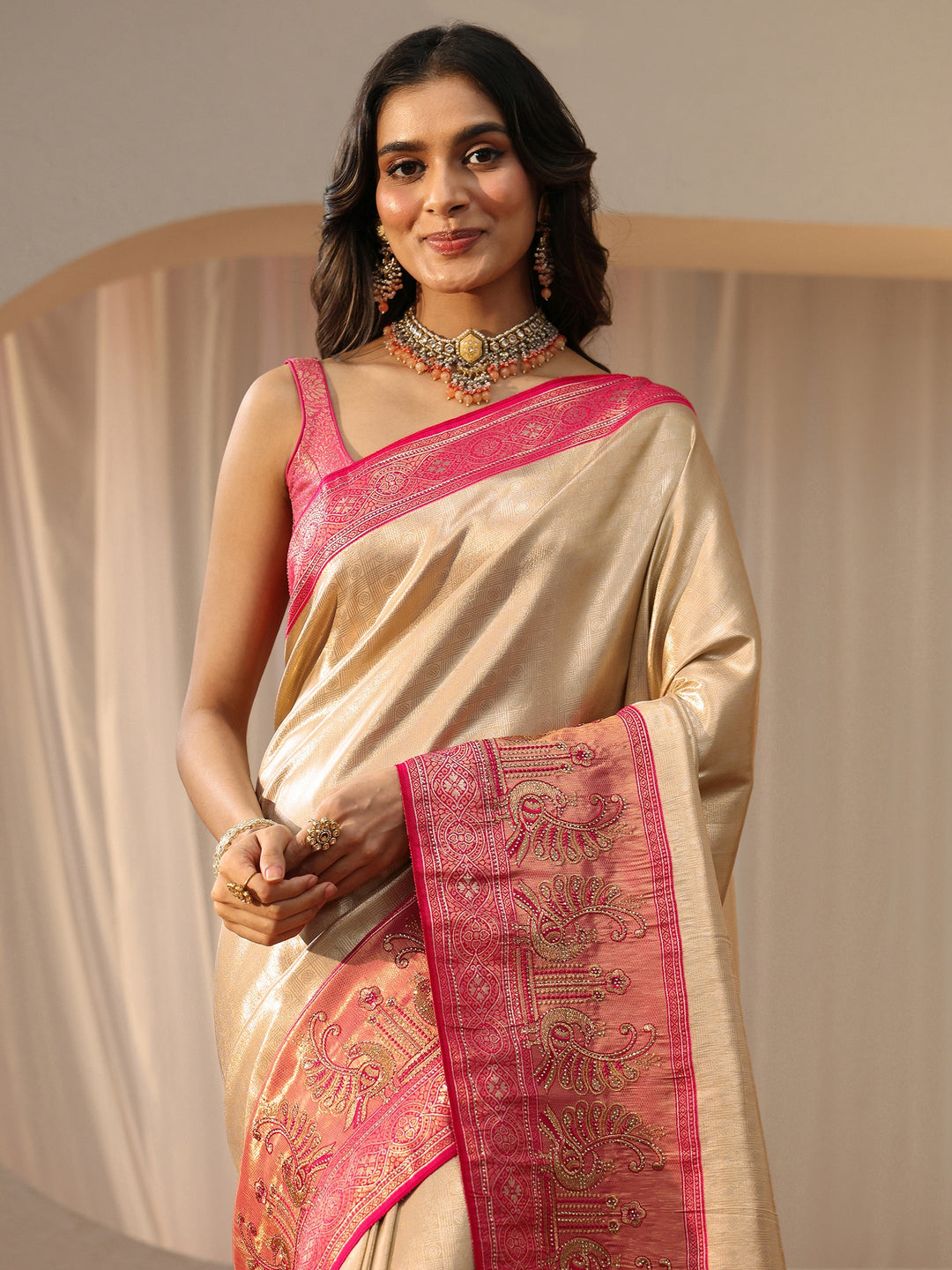  Gold Silk Blend Saree with Woven Border 