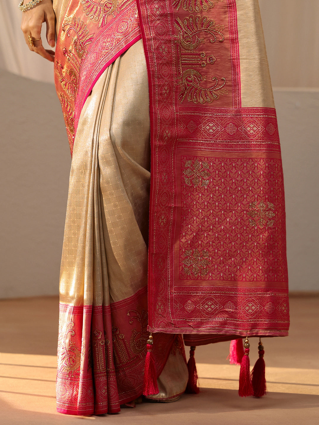  Gold Silk Blend Saree with Woven Border 