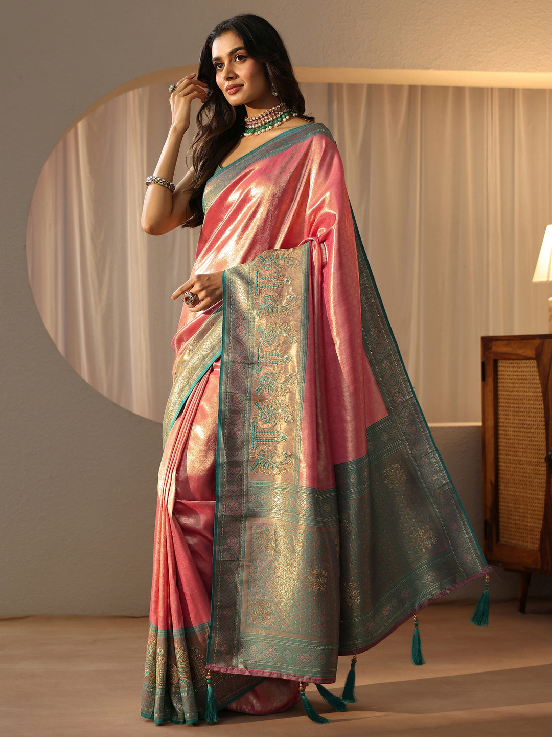  Peach Silk Blend Saree with Woven Border 