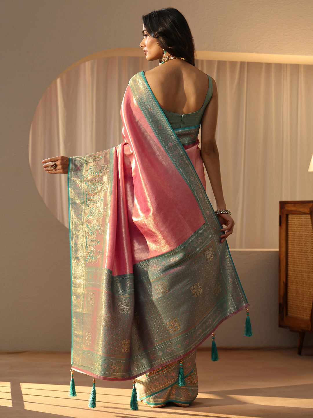  Peach Silk Blend Saree with Woven Border 