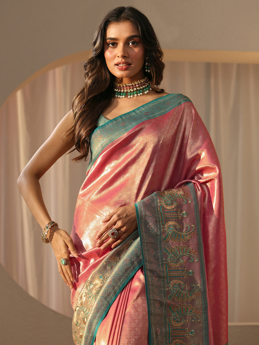  Peach Silk Blend Saree with Woven Border 