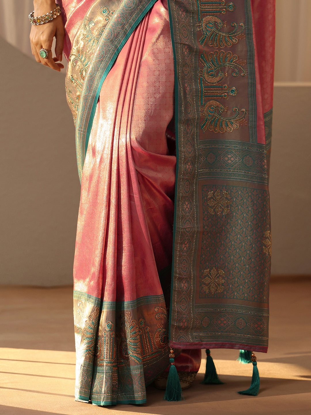  Peach Silk Blend Saree with Woven Border 