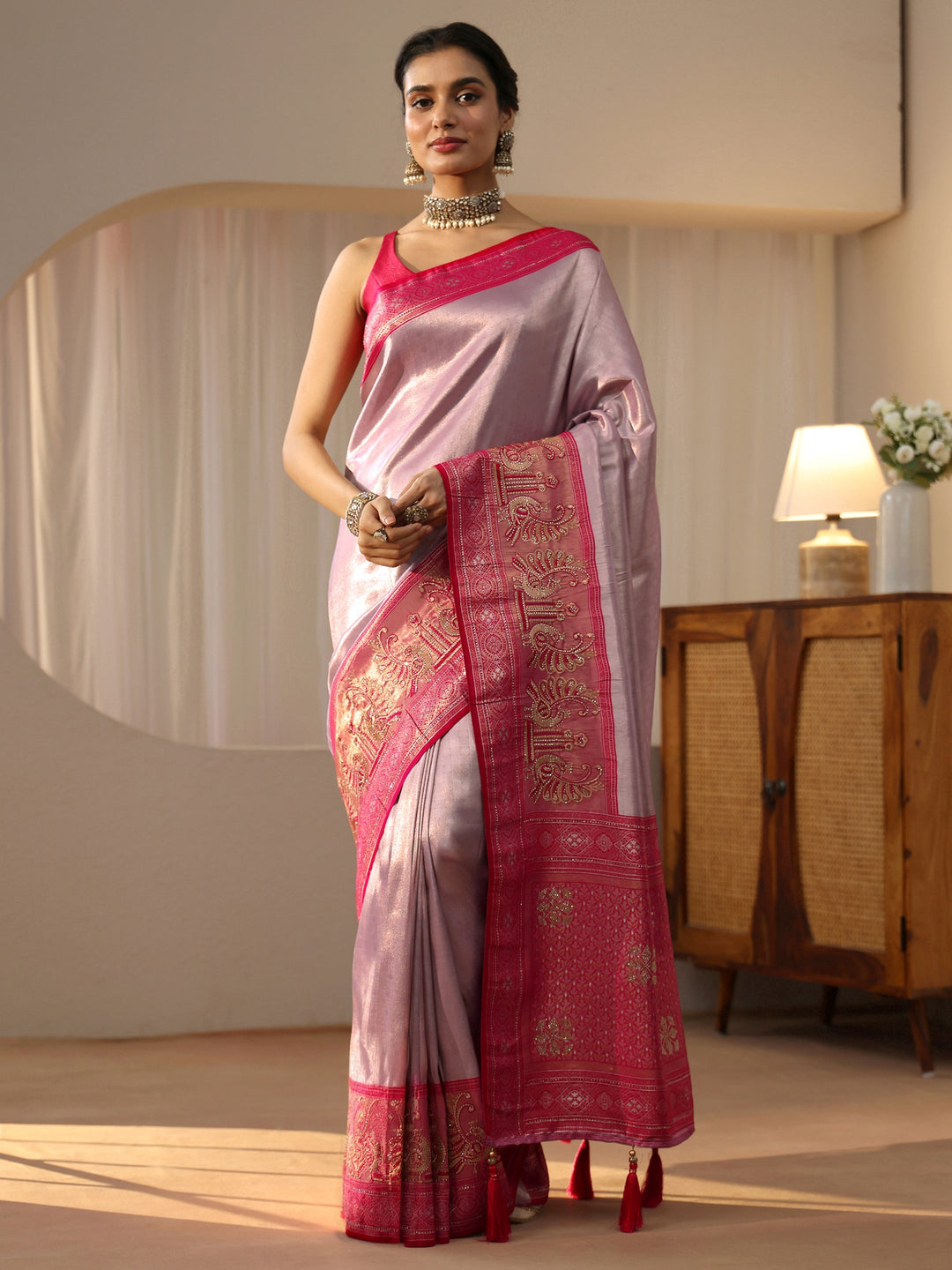  Lavender Silk Blend Saree with Woven Border 