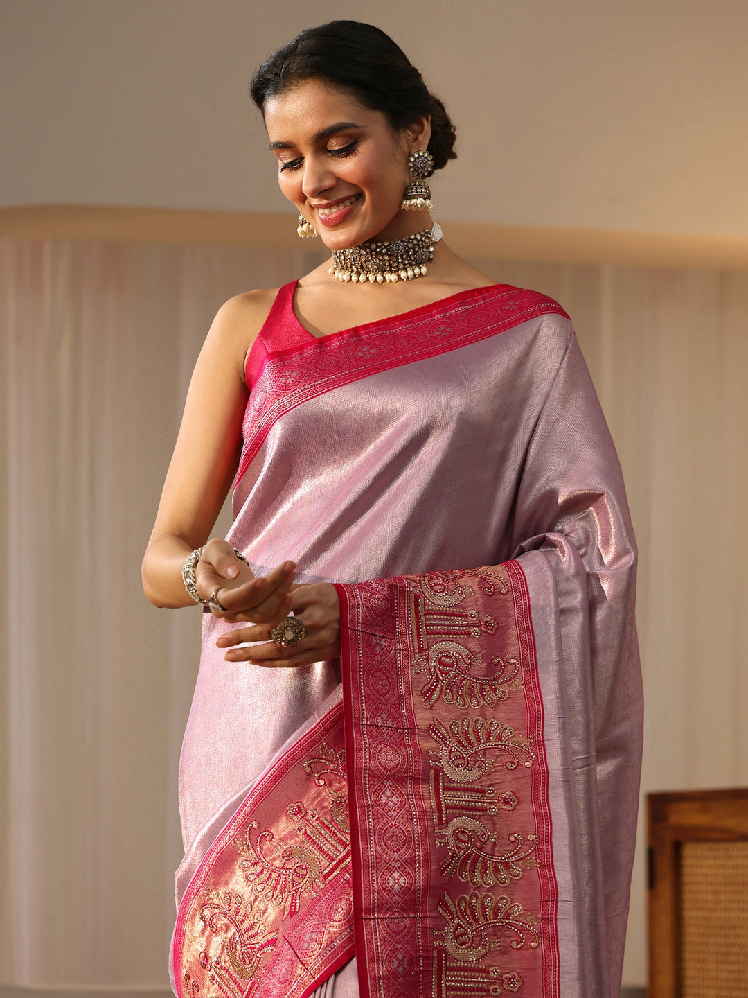  Lavender Silk Blend Saree with Woven Border 
