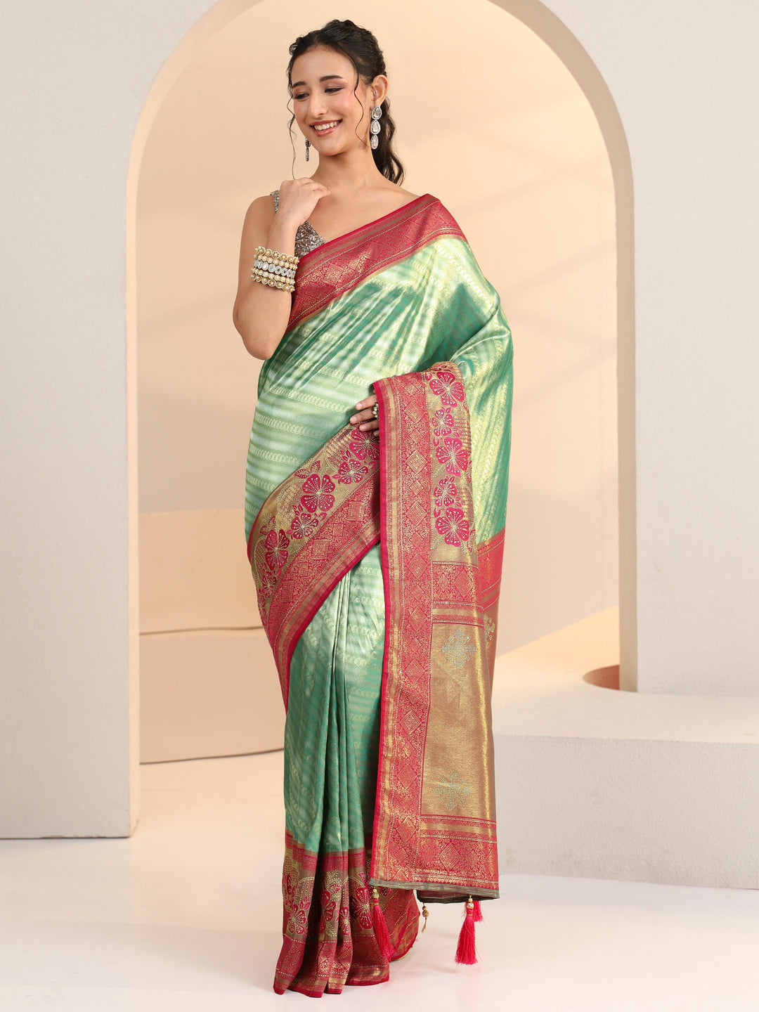 Libas Seafoam Green Woven Design Silk Blend Saree 