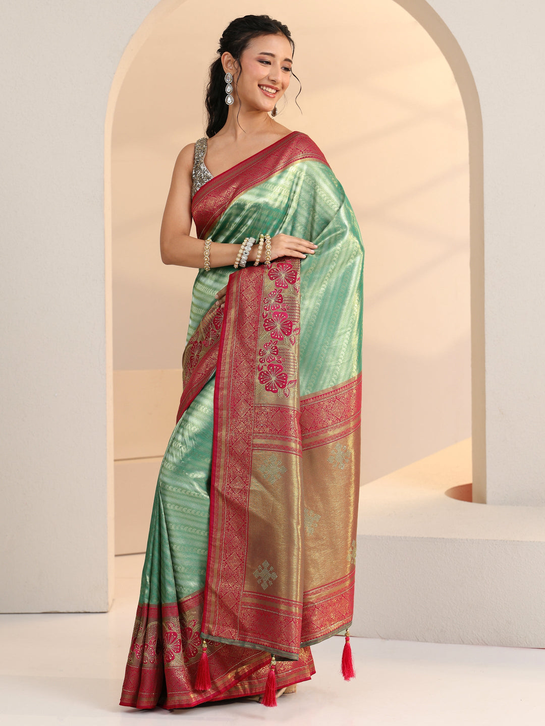  Libas Seafoam Green Woven Design Silk Blend Saree 
