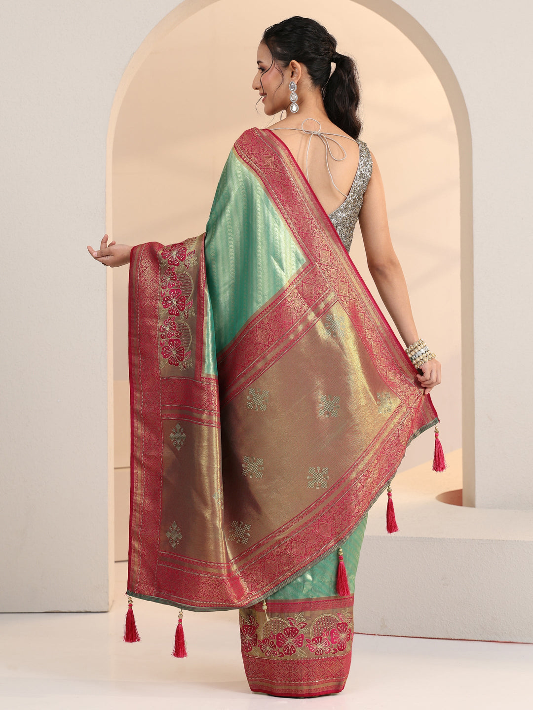  Libas Seafoam Green Woven Design Silk Blend Saree 