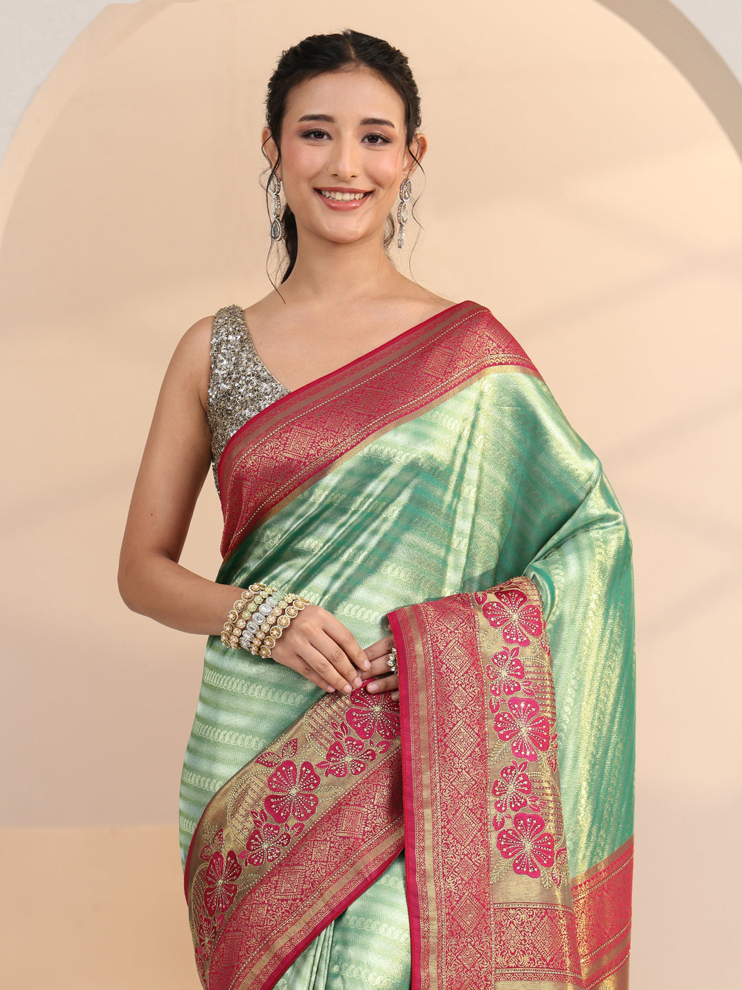  Libas Seafoam Green Woven Design Silk Blend Saree 
