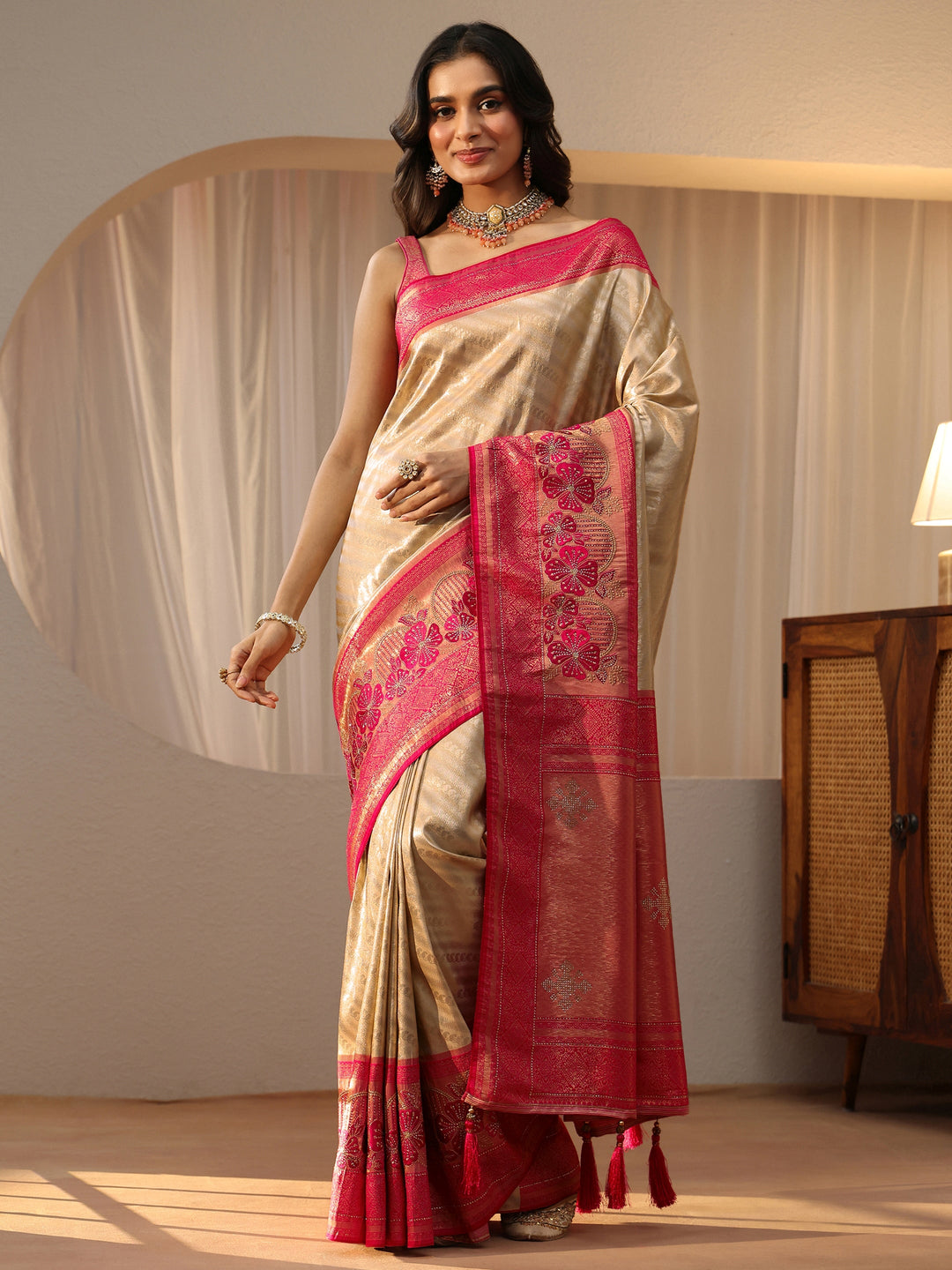  Gold Silk Blend Saree with Woven Border 