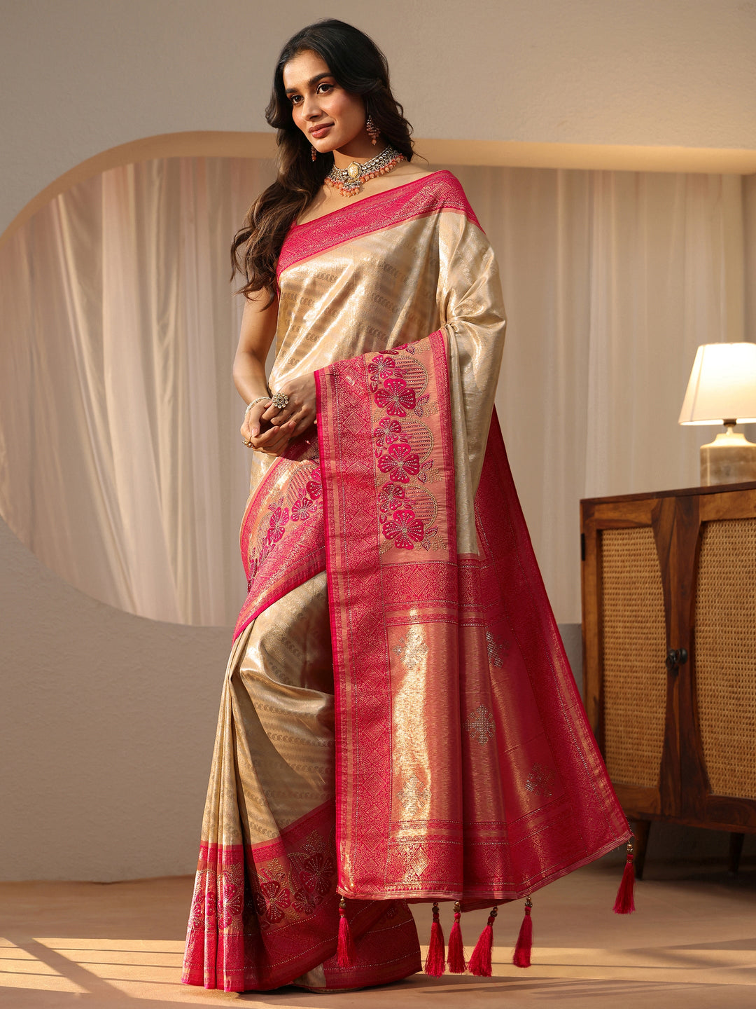  Gold Silk Blend Saree with Woven Border 