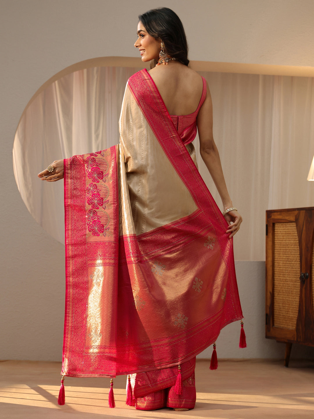  Gold Silk Blend Saree with Woven Border 