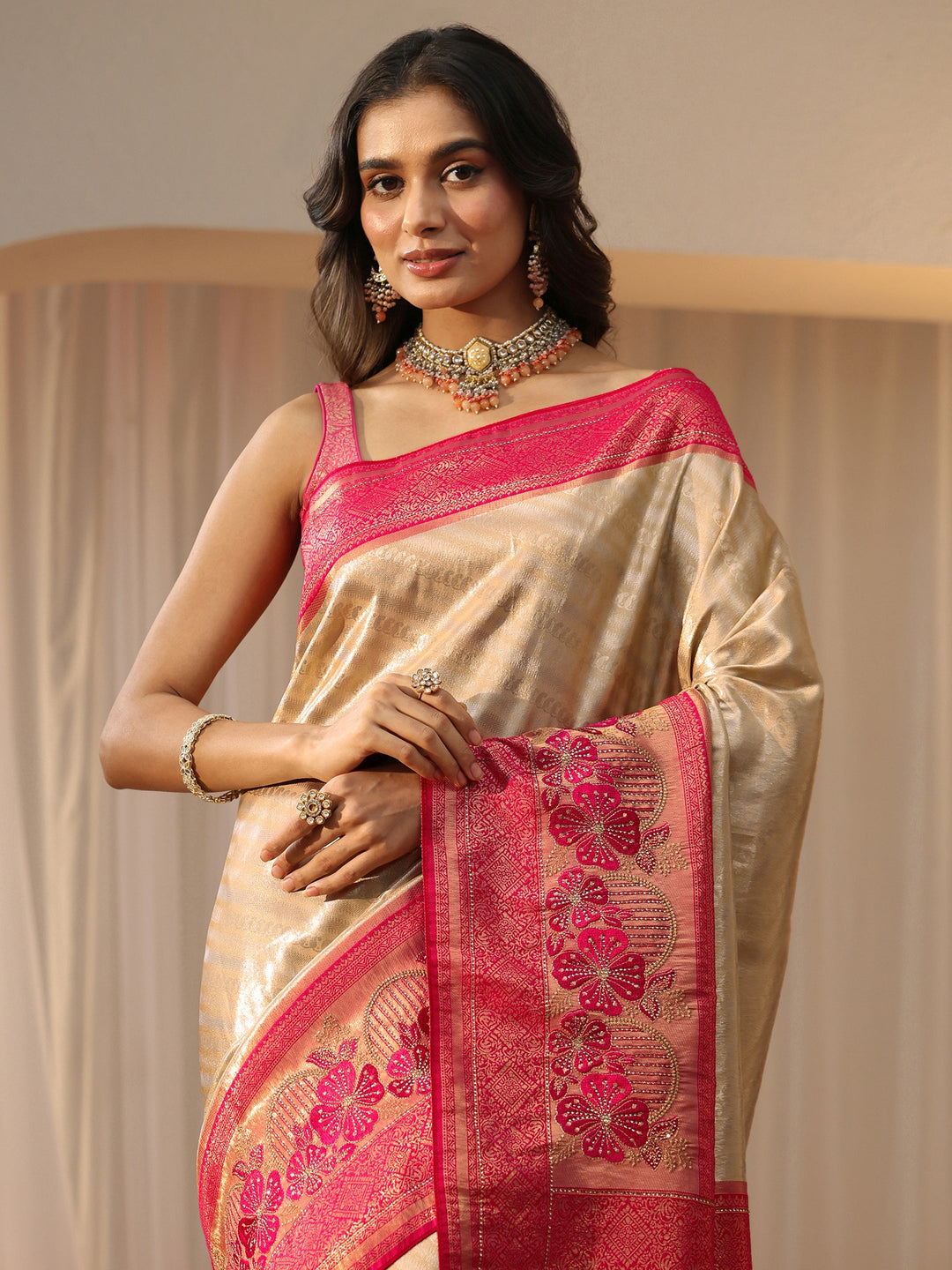  Gold Silk Blend Saree with Woven Border 