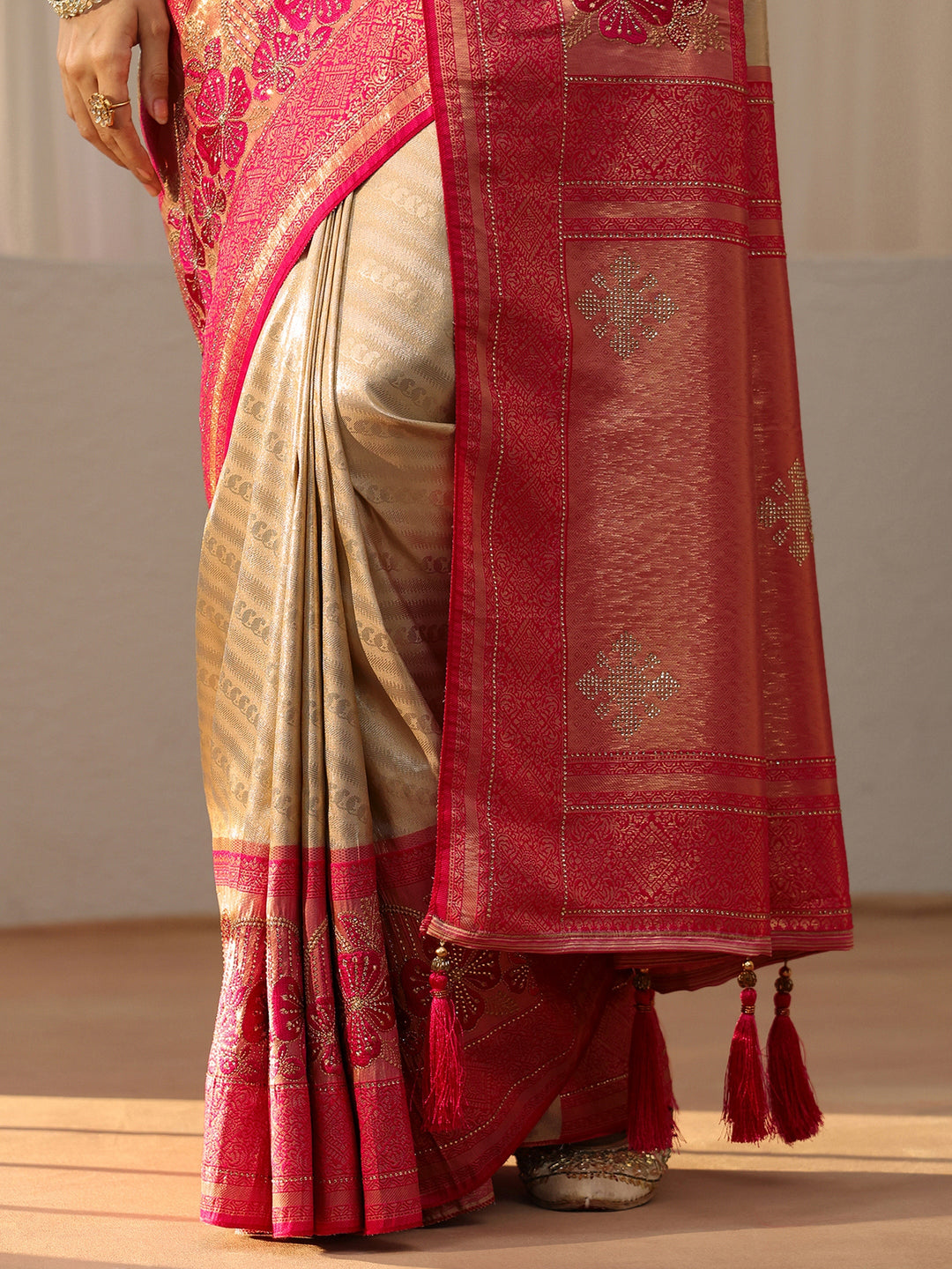  Gold Silk Blend Saree with Woven Border 