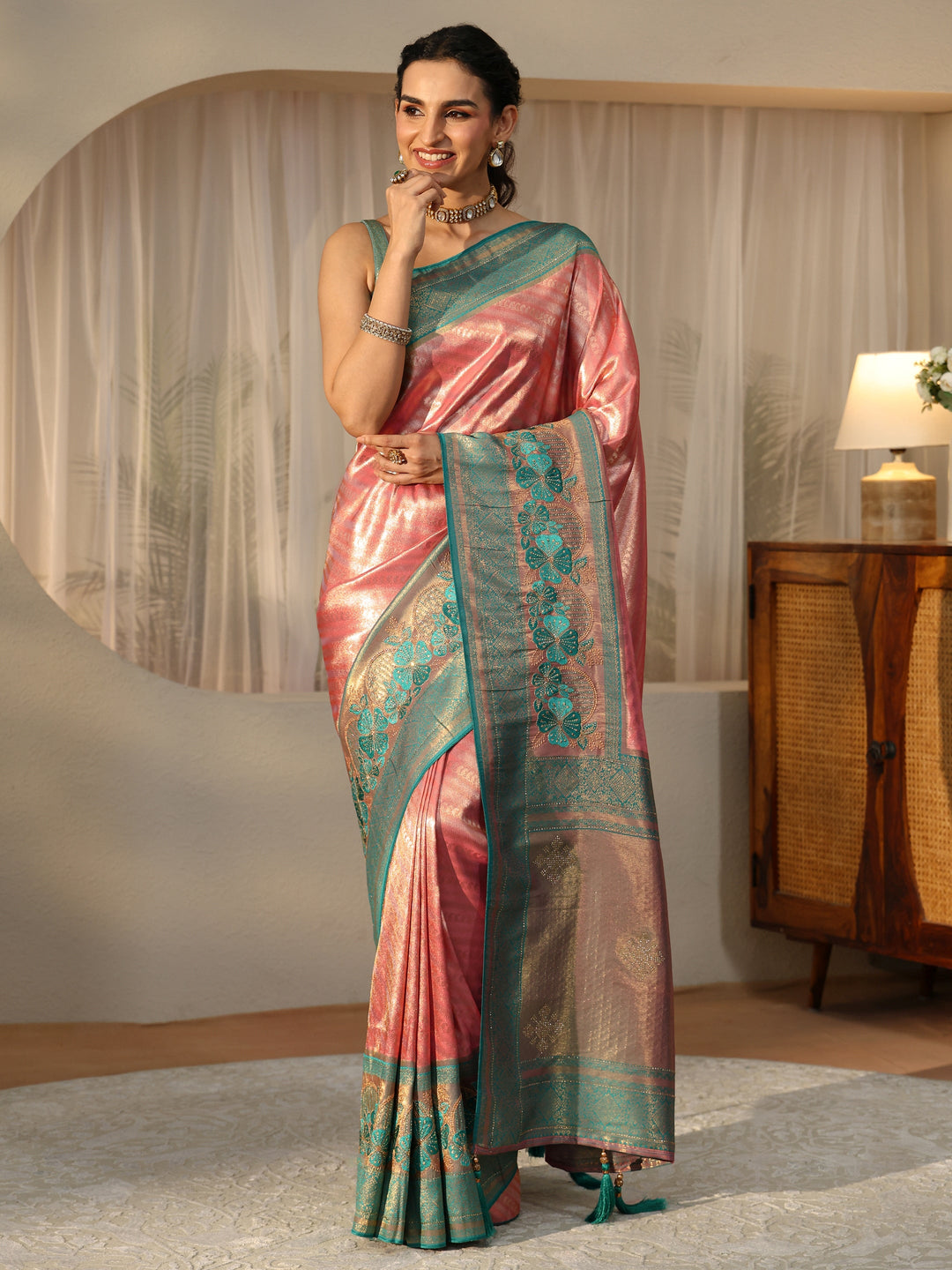  Peach Silk Blend Saree with Woven Border 