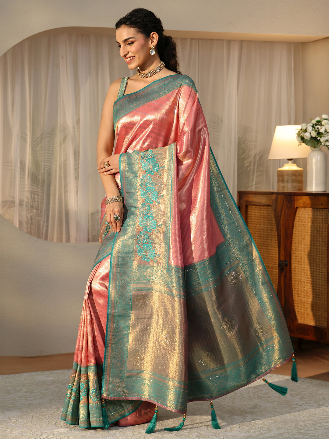  Peach Silk Blend Saree with Woven Border 
