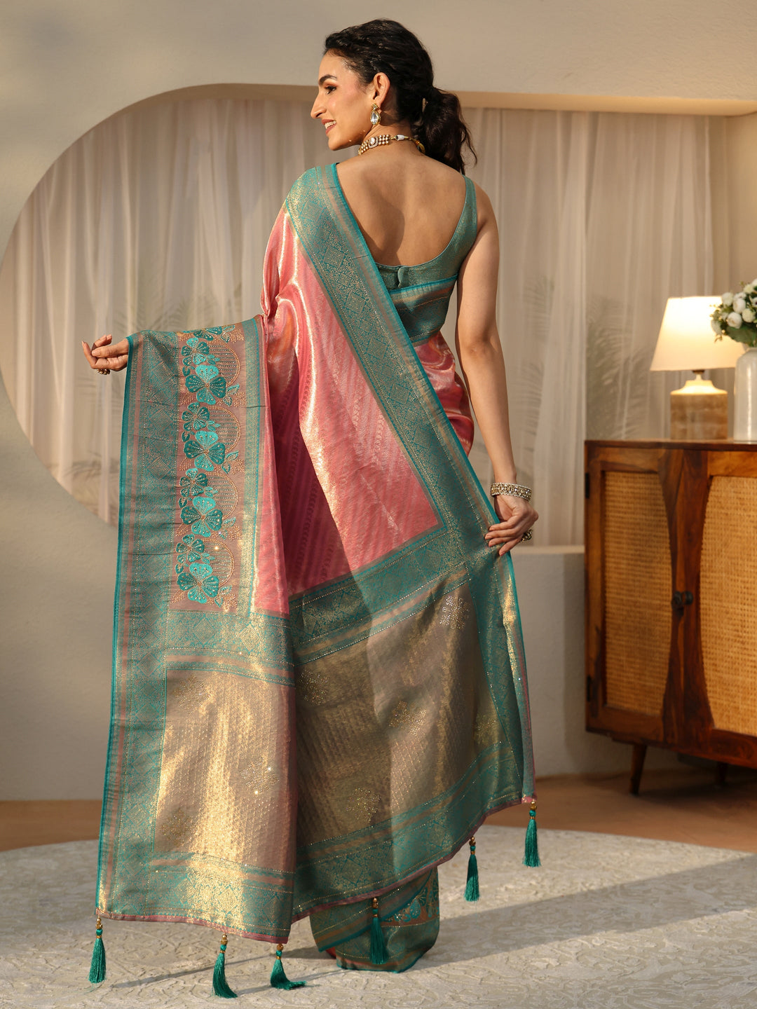  Peach Silk Blend Saree with Woven Border 