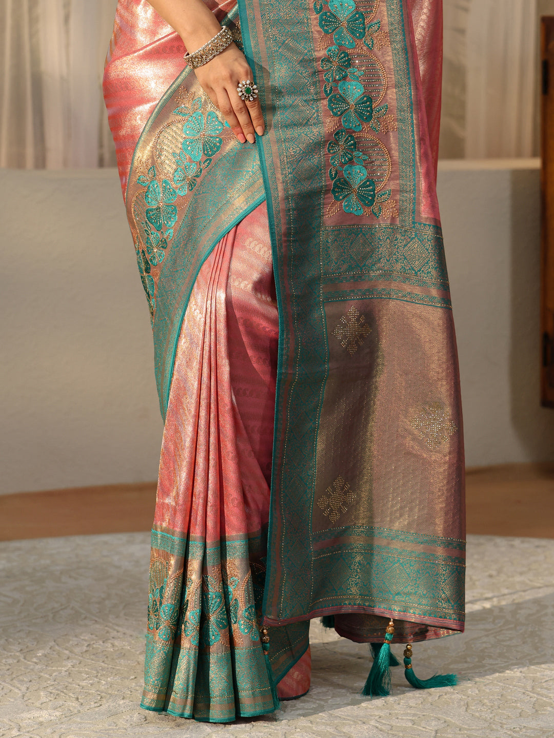  Peach Silk Blend Saree with Woven Border 