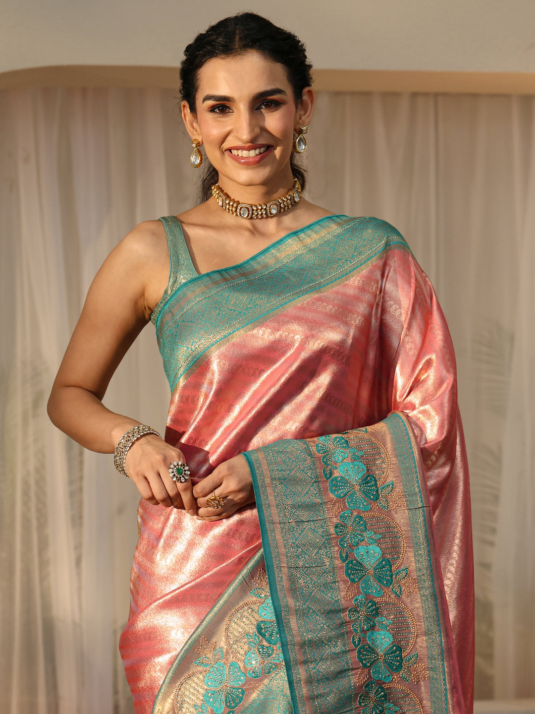 Peach Silk Blend Saree with Woven Border 