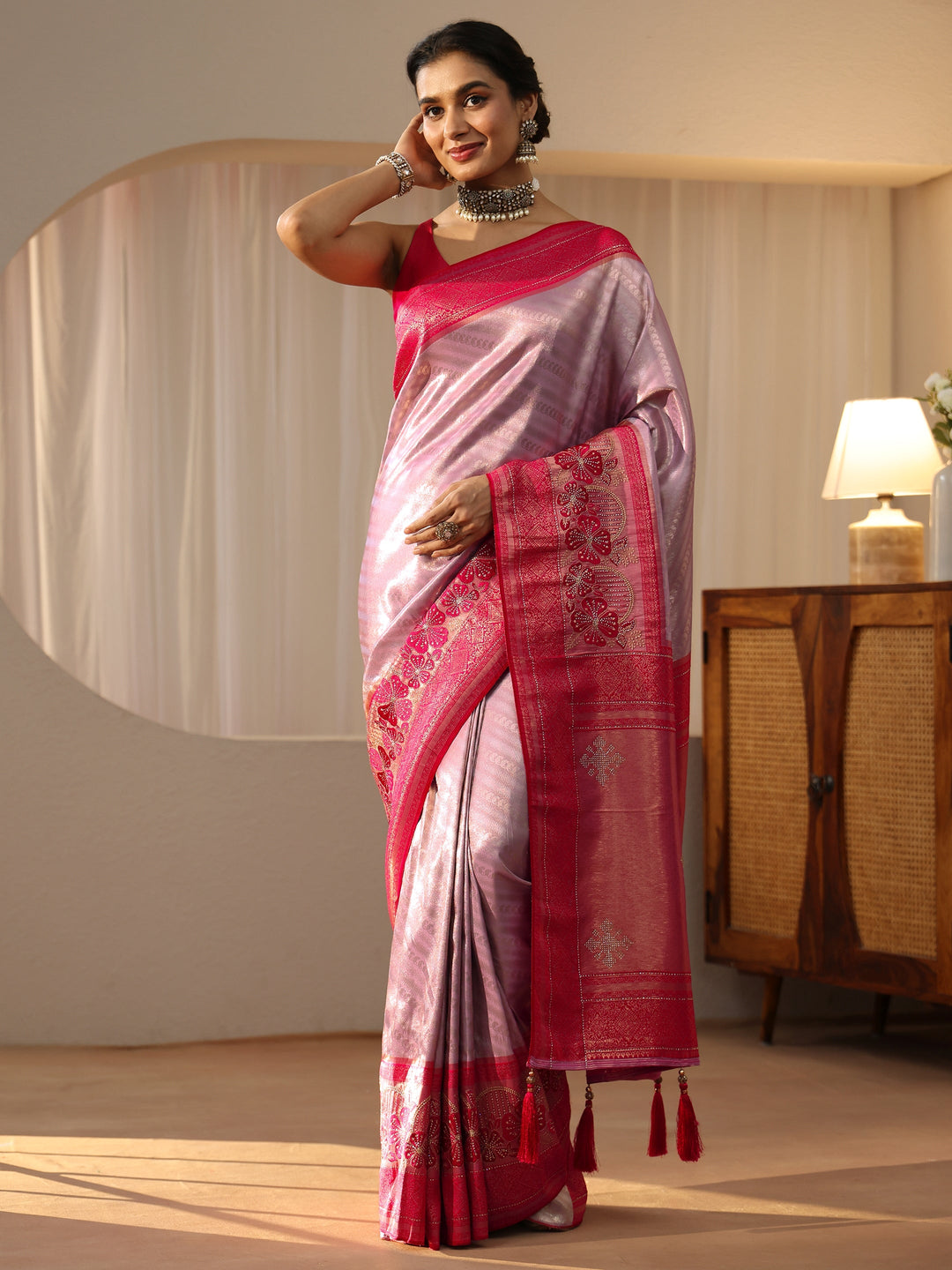  Lavender Silk Blend Saree with Woven Border 