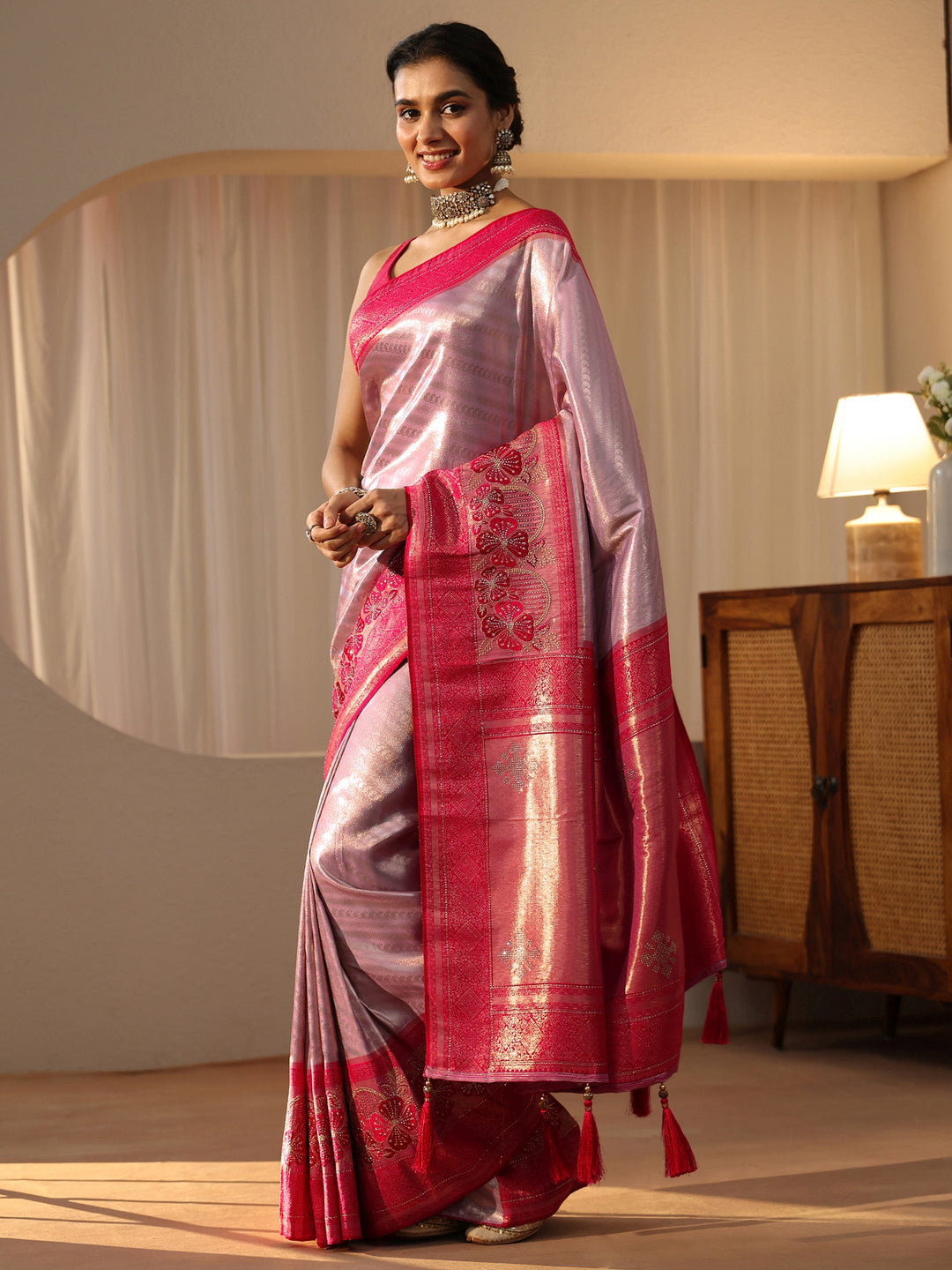  Lavender Silk Blend Saree with Woven Border 