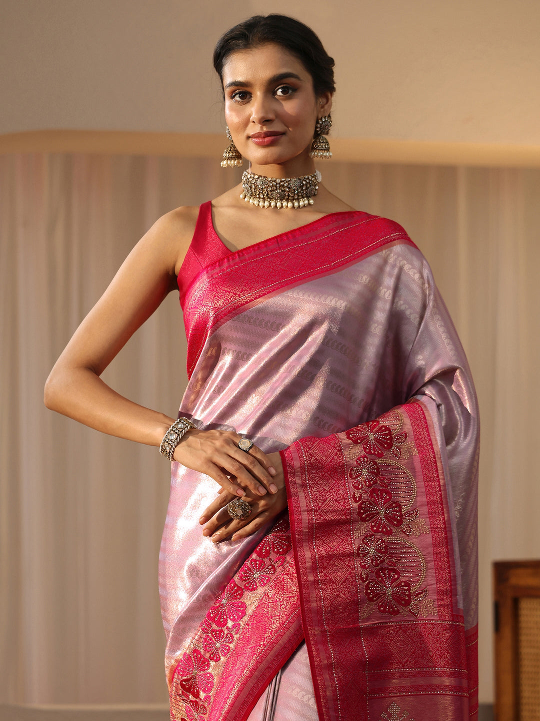  Lavender Silk Blend Saree with Woven Border 