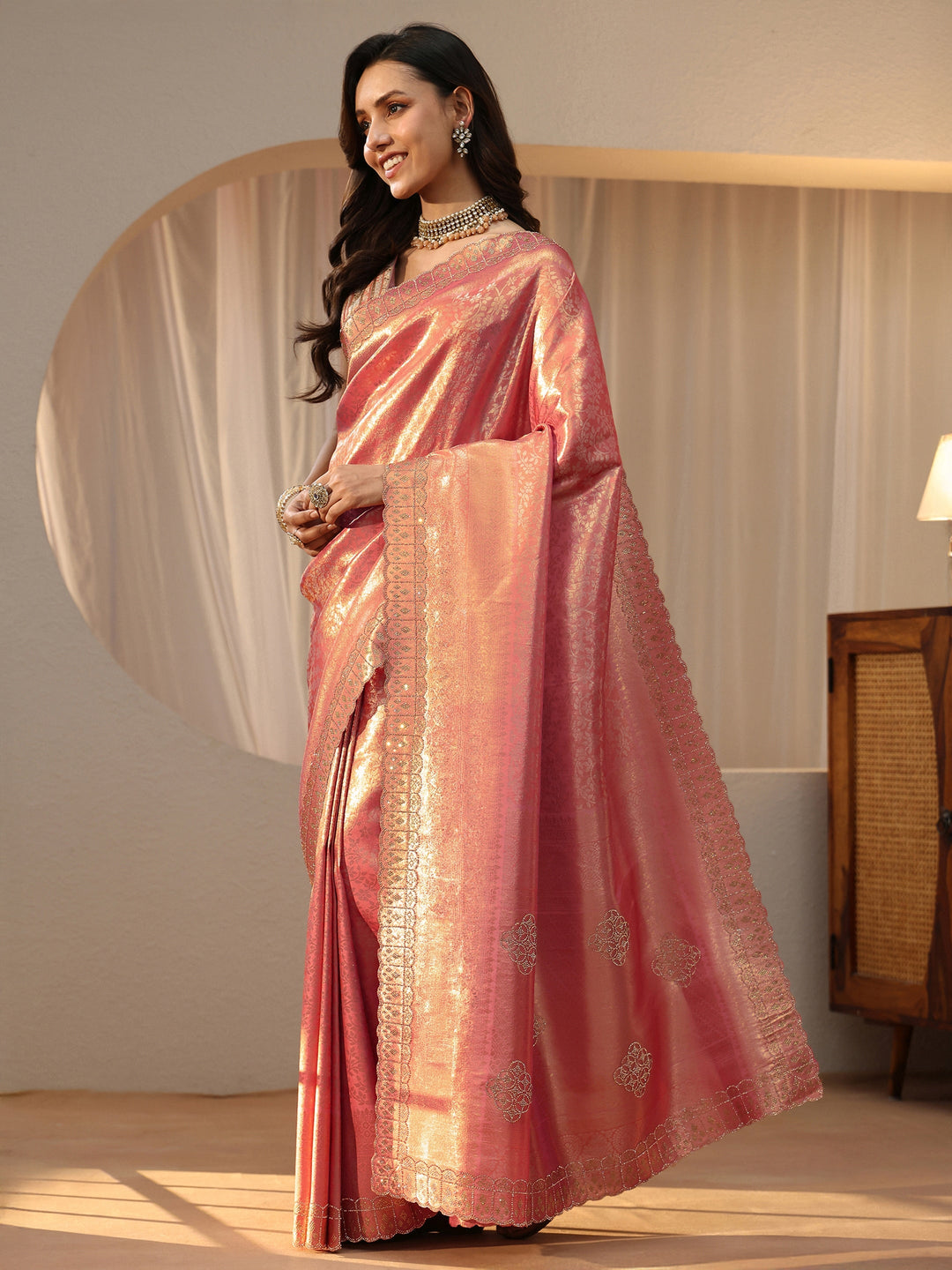  Peach Ethnic Motif Silk Blend Saree 