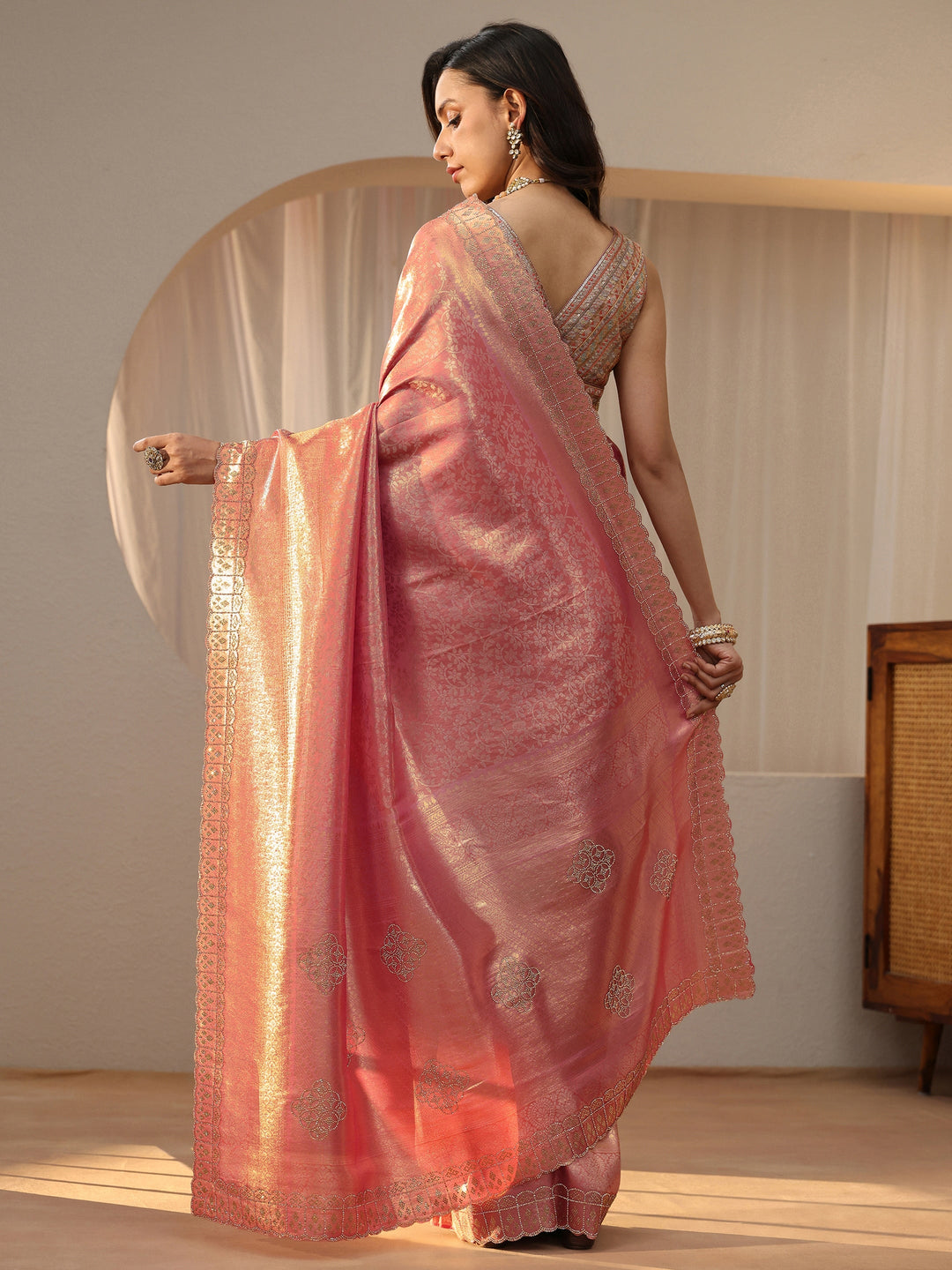  Peach Ethnic Motif Silk Blend Saree 