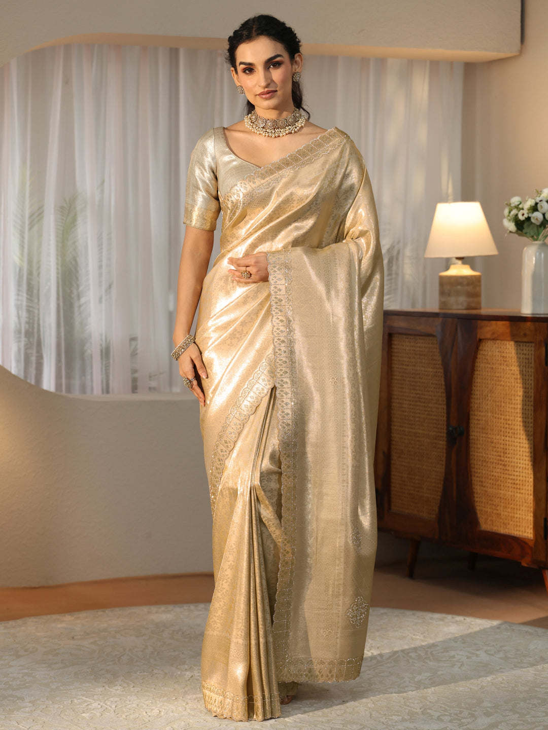  Gold Silk Blend Saree with Embellished Border 
