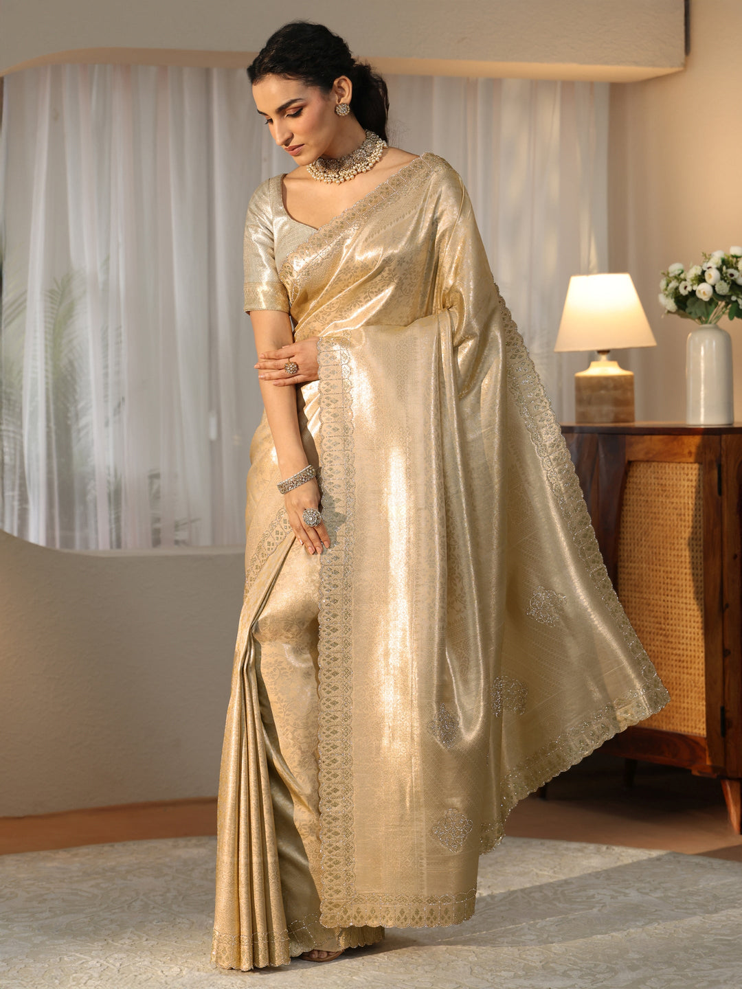  Gold Silk Blend Saree with Embellished Border 