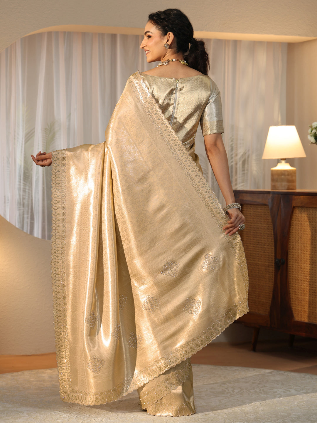 Gold Silk Blend Saree with Embellished Border 
