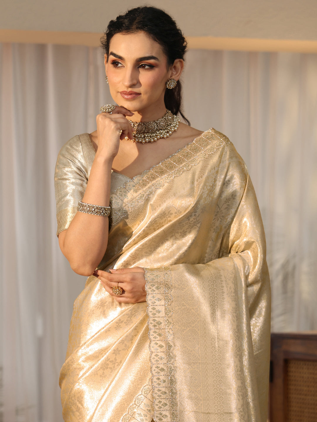  Gold Silk Blend Saree with Embellished Border 