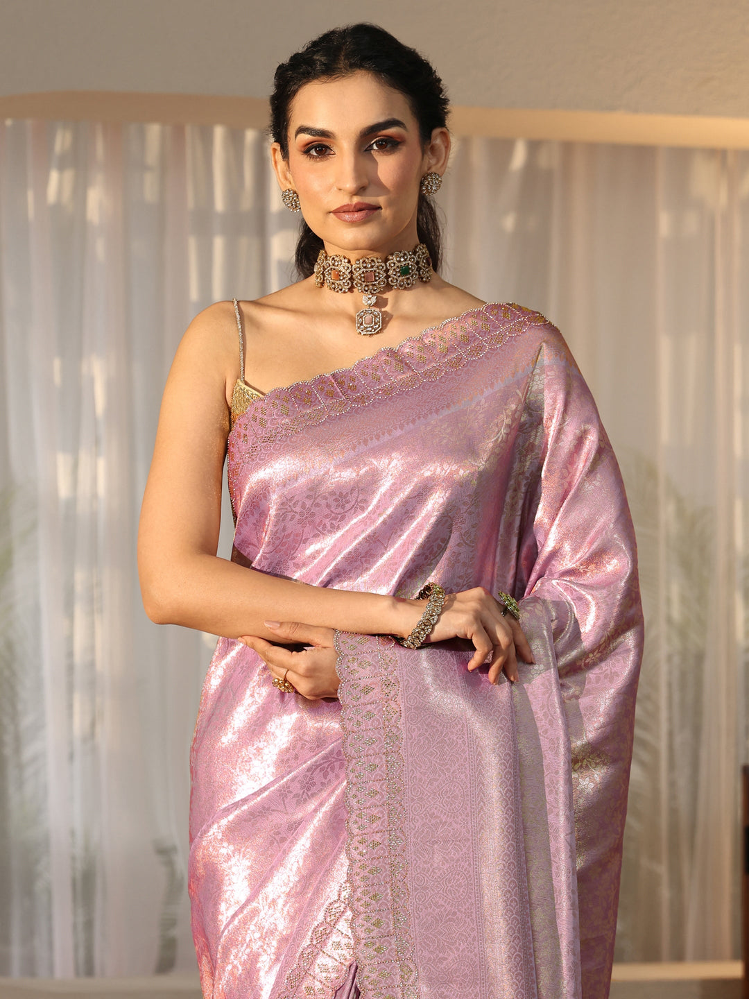  Lavender Silk Blend Saree with Embellished Border 