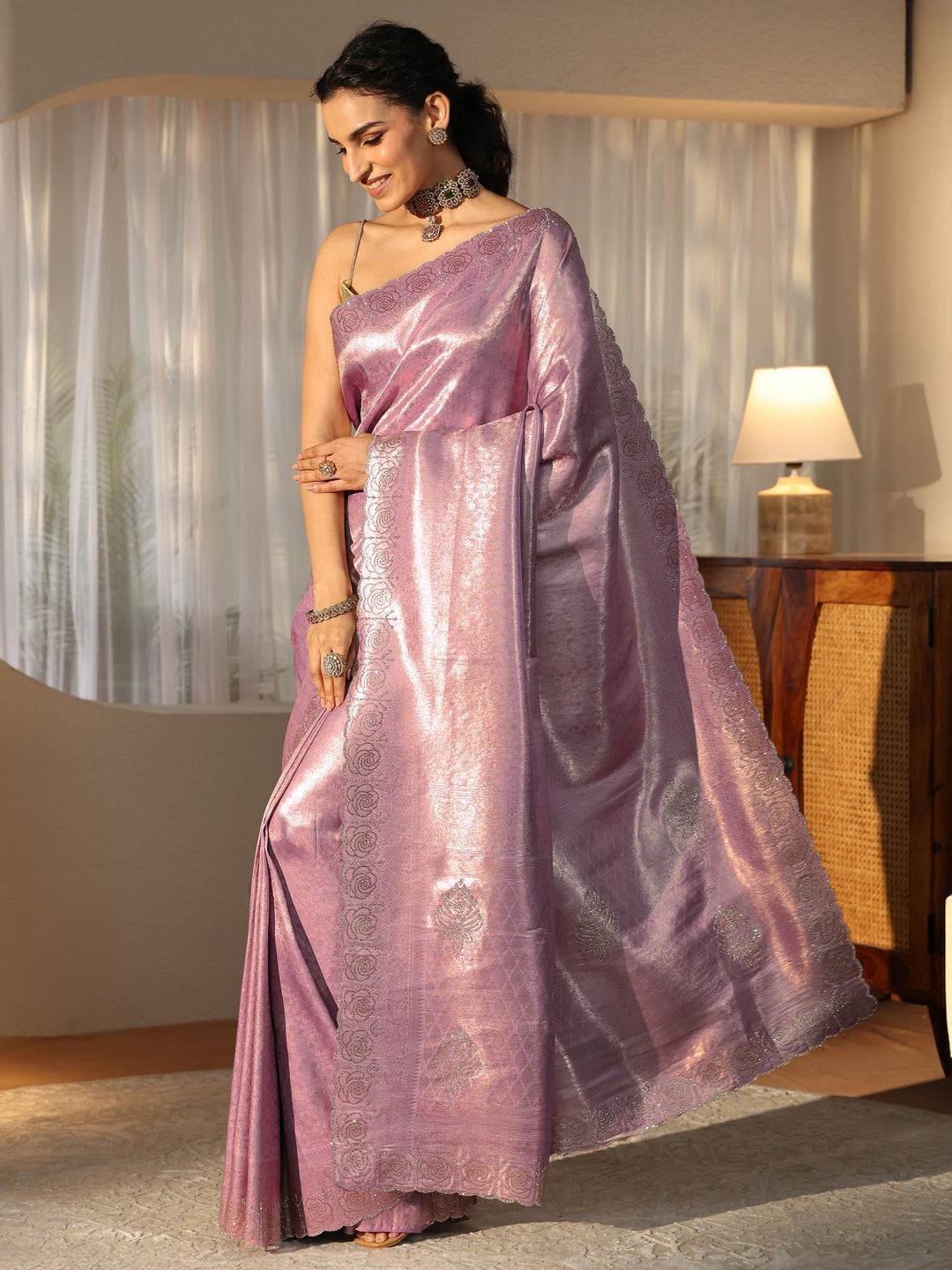  Lavender Silk Blend Saree with Embellished Border 